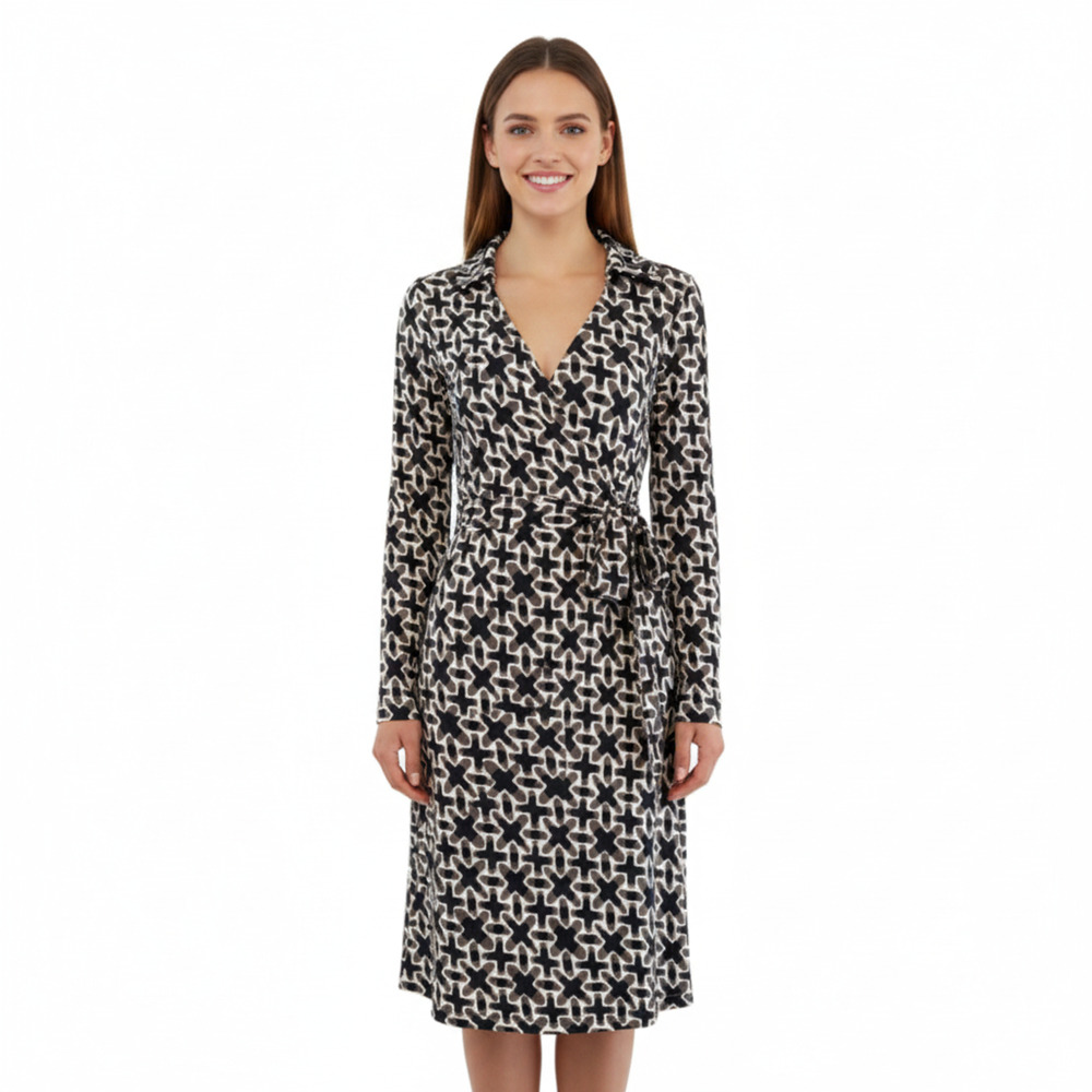 Diane von Furstenberg DVF Jeanne Silk Jersey Wrap Dress Geo Link Print Size 2